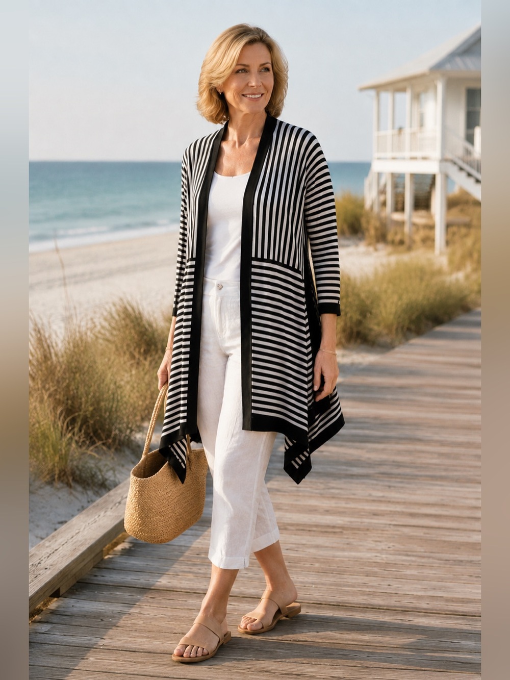 Cabi Stride Cardigan Black White Striped Duster Size Small